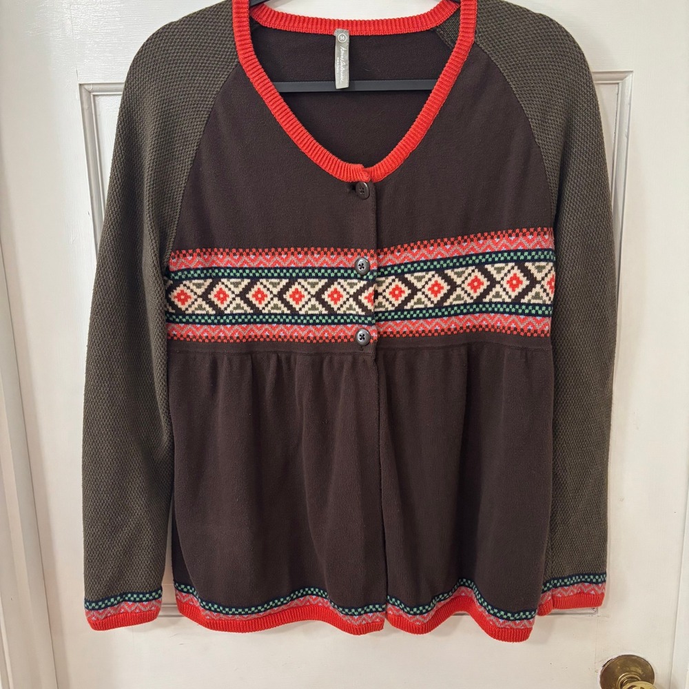 Womens Fair Isle Geometric Pattern Cardigan Sweater Chocolate Brown Sz M